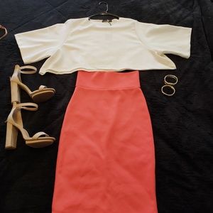 White Crop top:m/ Salmon Pencil Skirt :m